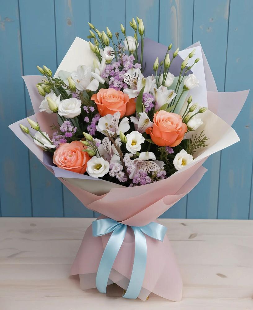 Букет цветов из: Лизиантусы, Розы, Альстромерии и Гипсофила в Жирновске