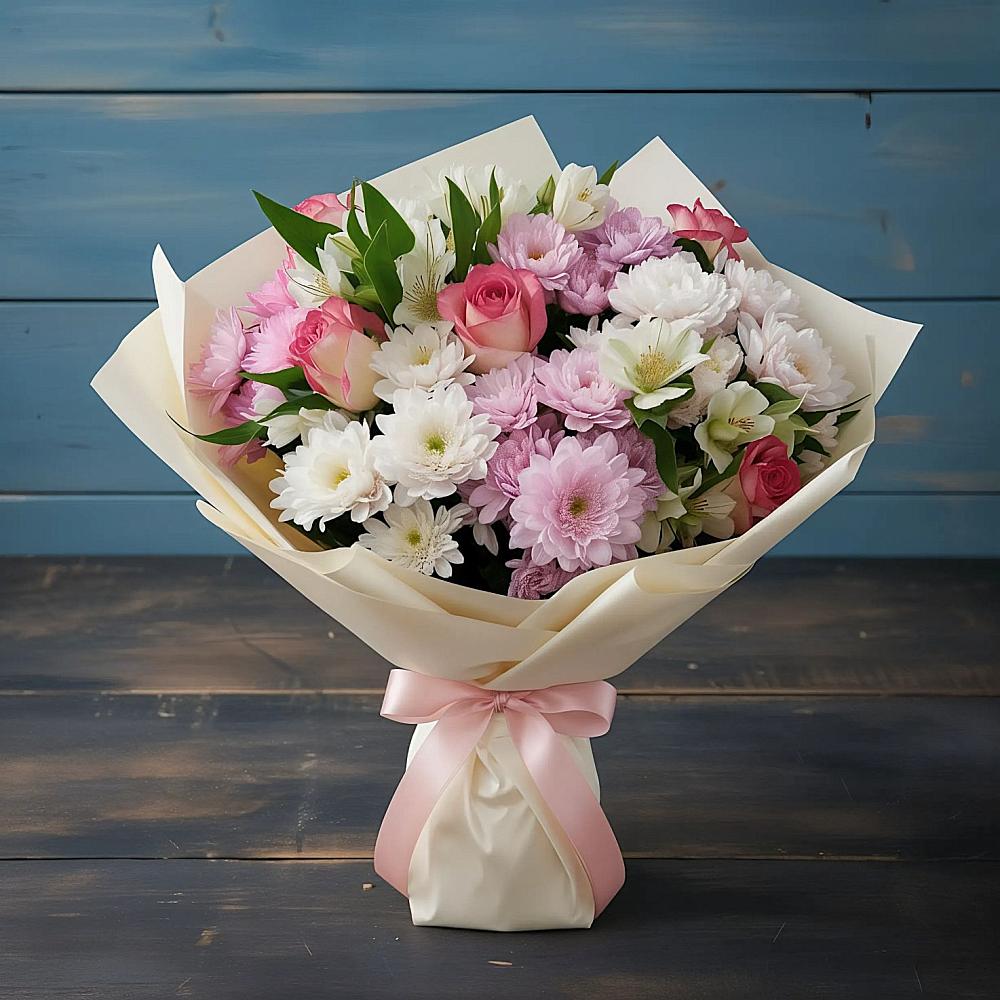 Букет цветов из: Хризантемы, Альстромерии и Розы в Жирновске